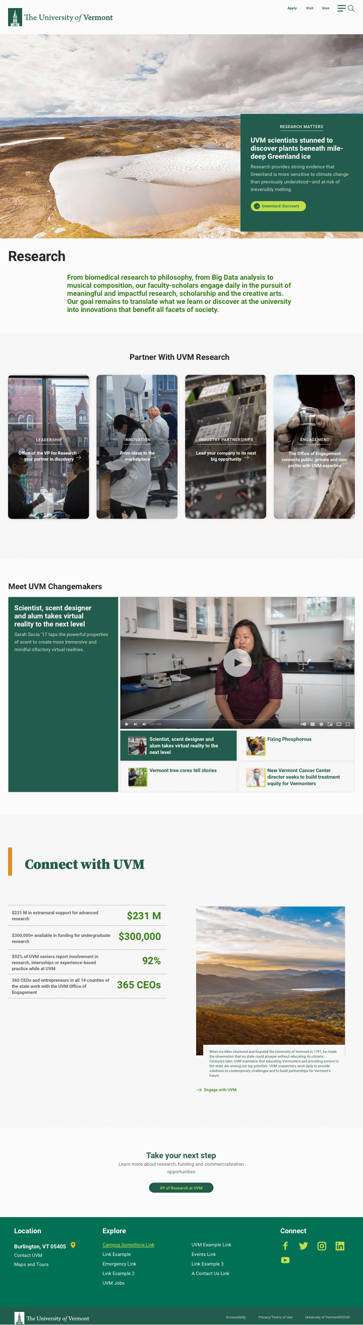 Prototype for new Research page for the University of Vermont