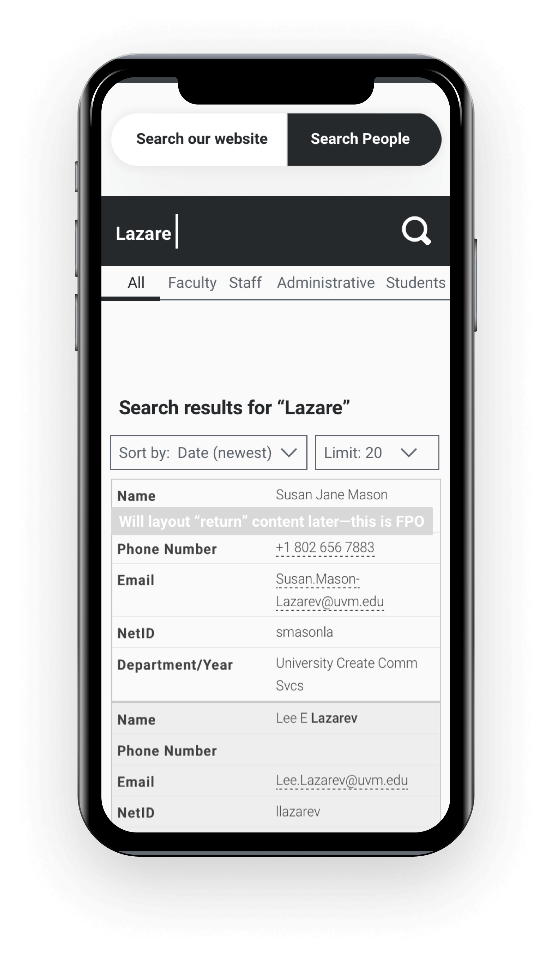 Wireframe exploring options to filter search returns