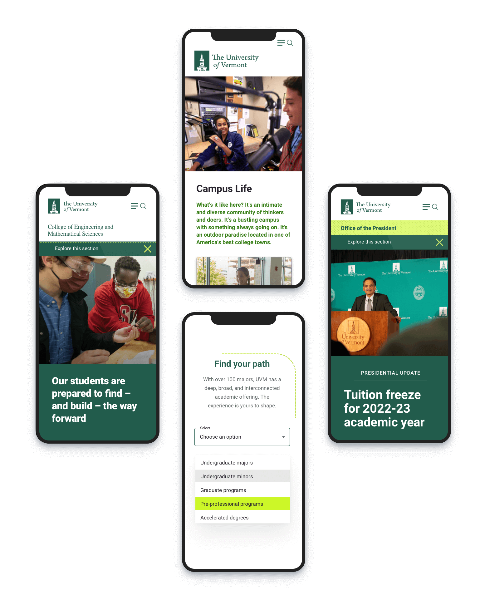 UVM redesign mockups of sample top level pages