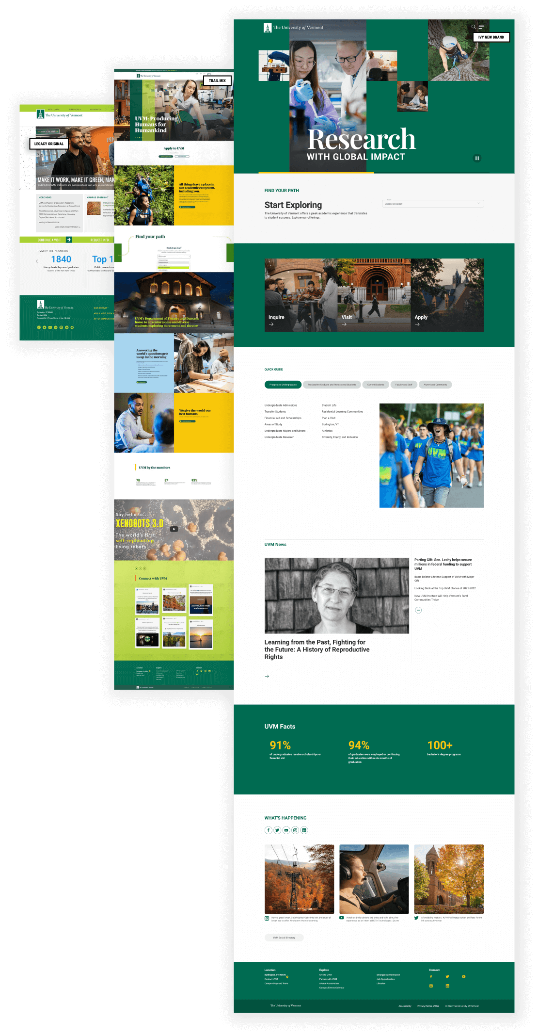 UVM home page design with the original legacy site, the Trail Mix-based site pulled just before launch and the new, now live, Ivy design system-based home page