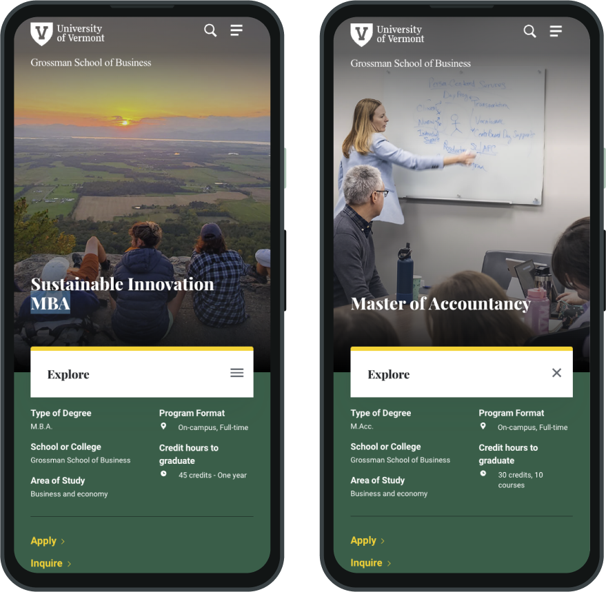 Program pages on mobile from UVM's Grossman School of Business including the Sustainable MBA program and the Master Accountancy program